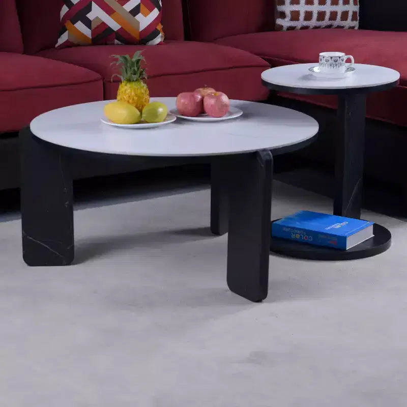 Table basse ronde moderne avec pieds en pierre frittée et table d'appoint assortie, noir