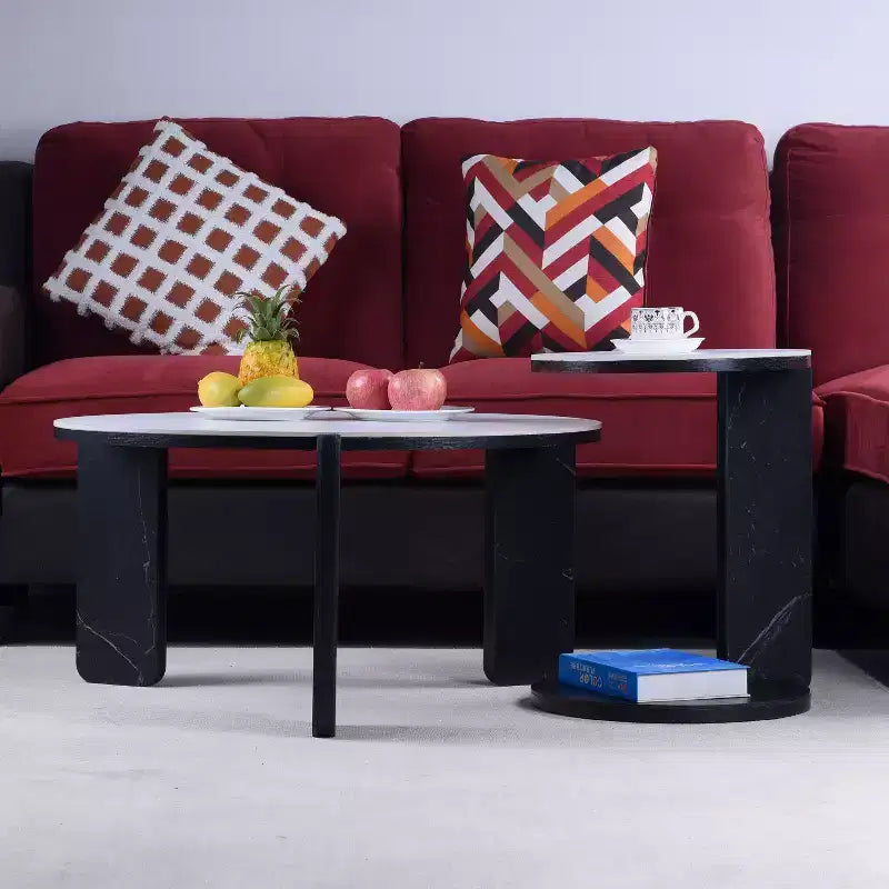 Table basse ronde moderne avec pieds en pierre frittée et table d'appoint assortie, noir