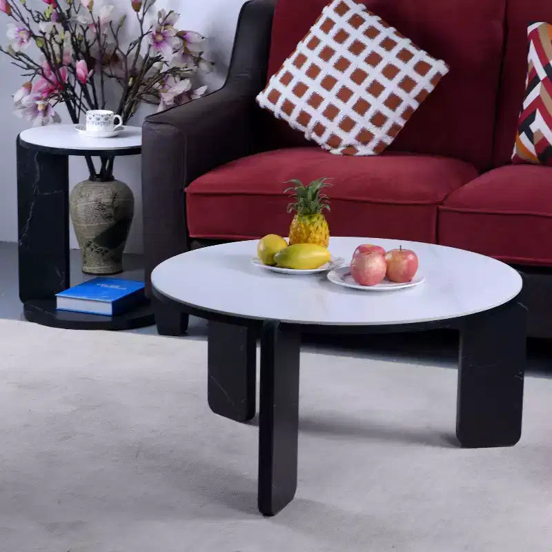 Table basse ronde moderne avec pieds en pierre frittée et table d'appoint assortie, noir