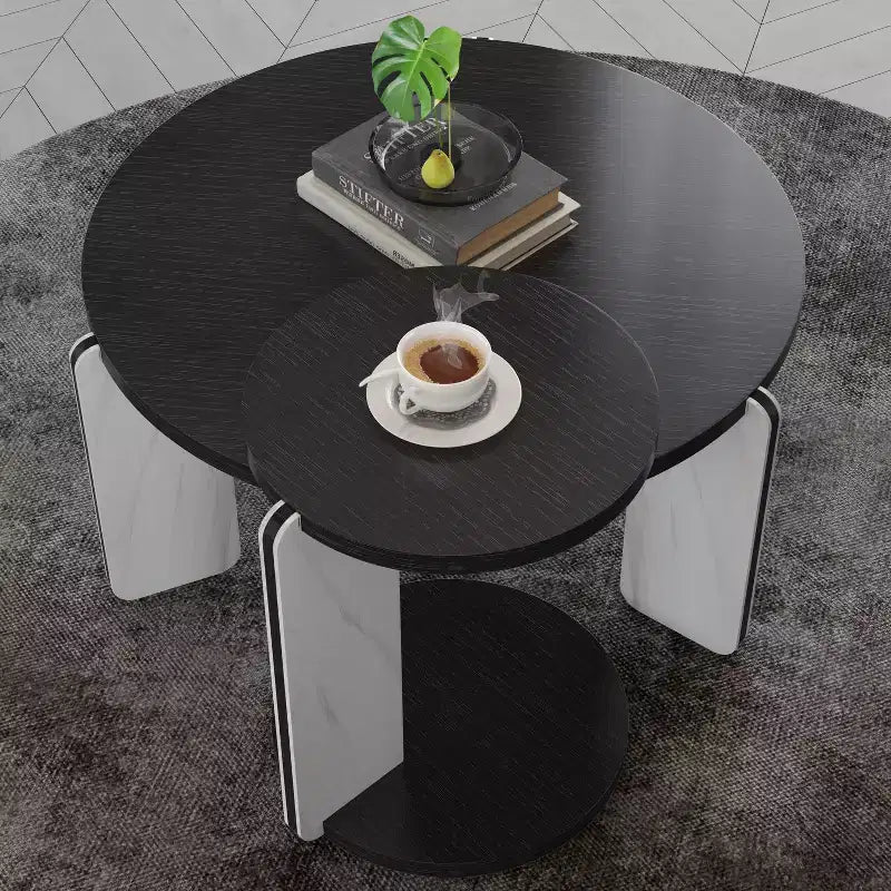 Table basse ronde moderne avec pieds en pierre frittée et table d'appoint assortie, noir