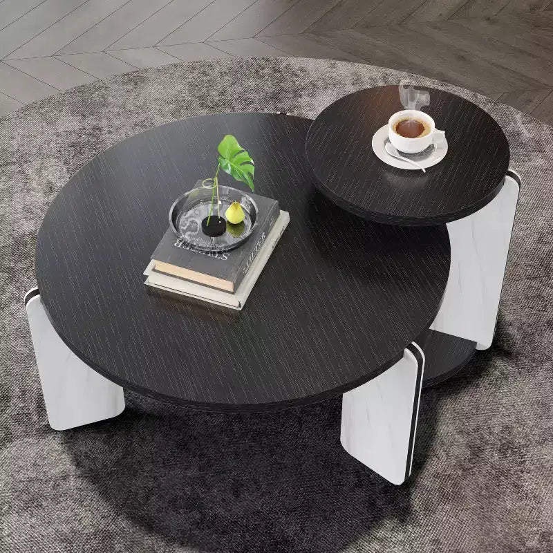 Table basse ronde moderne avec pieds en pierre frittée et table d'appoint assortie, noir