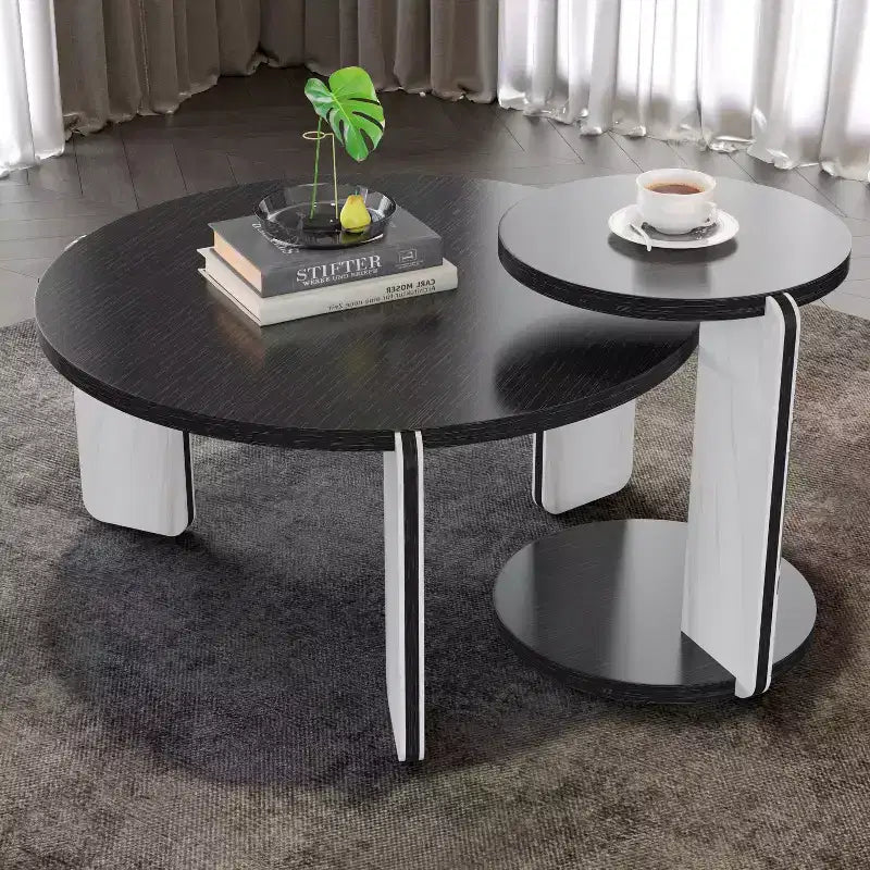 Table basse ronde moderne avec pieds en pierre frittée et table d'appoint assortie, noir