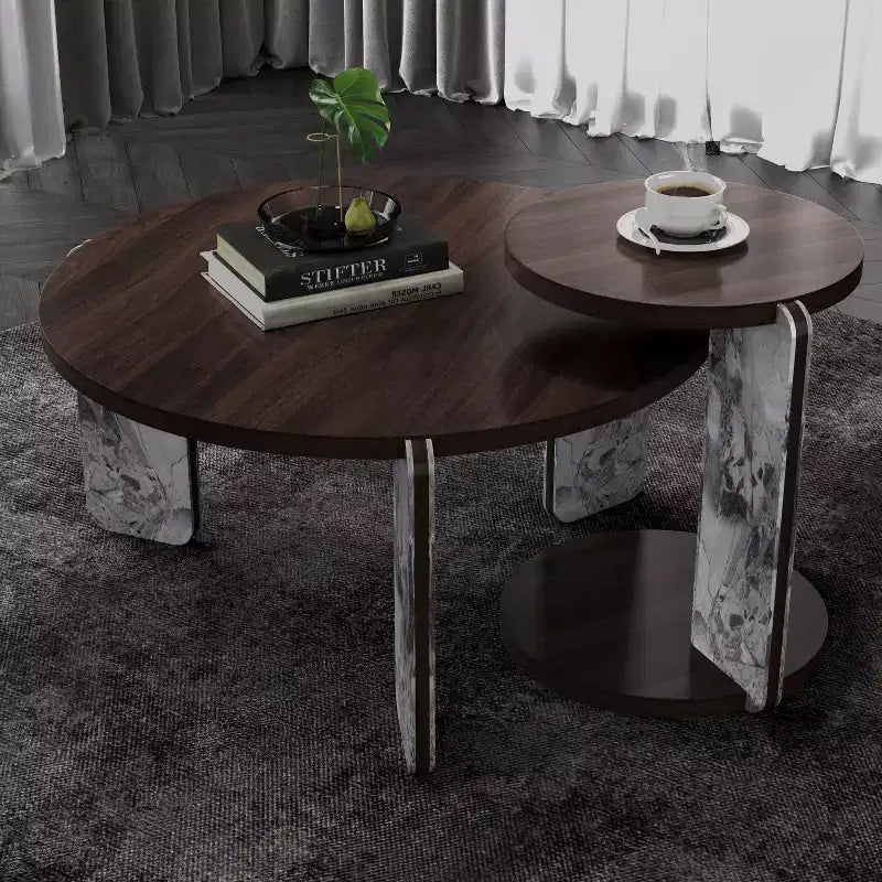 Table basse ronde moderne avec pieds en pierre frittée et table d'appoint assortie, noir