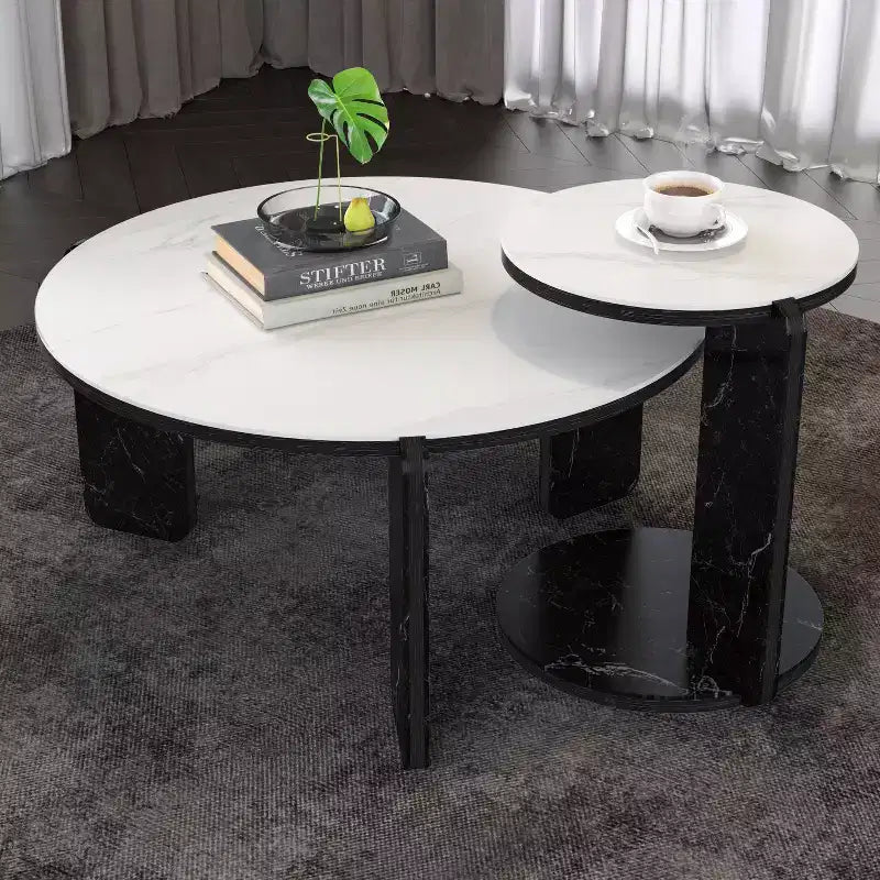 Table basse ronde moderne avec pieds en pierre frittée et table d'appoint assortie, noir