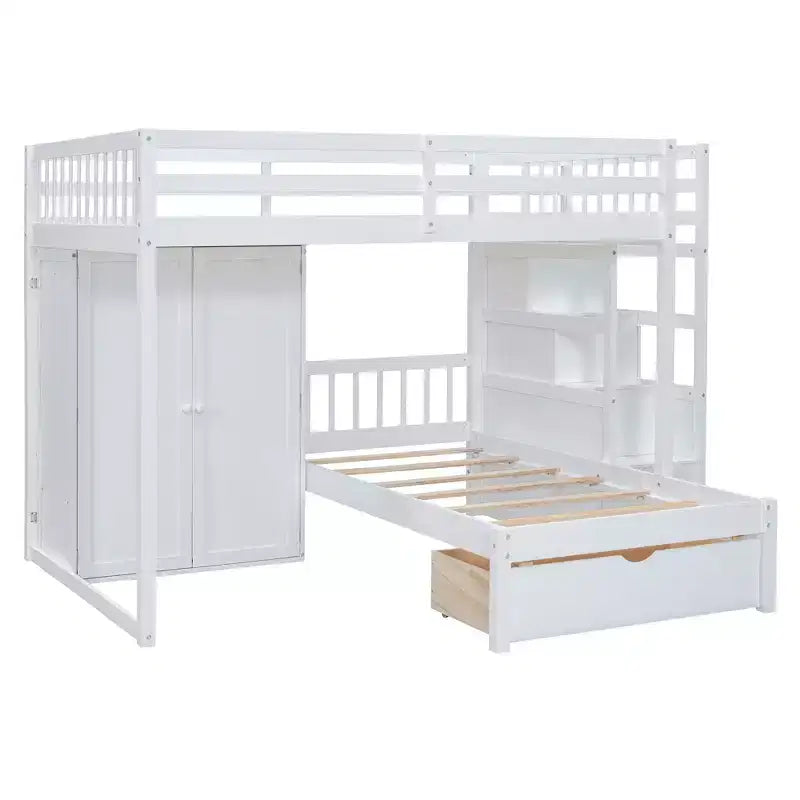 Lit superposé moderne double au-dessus de simple avec armoire et 5 tiroirs