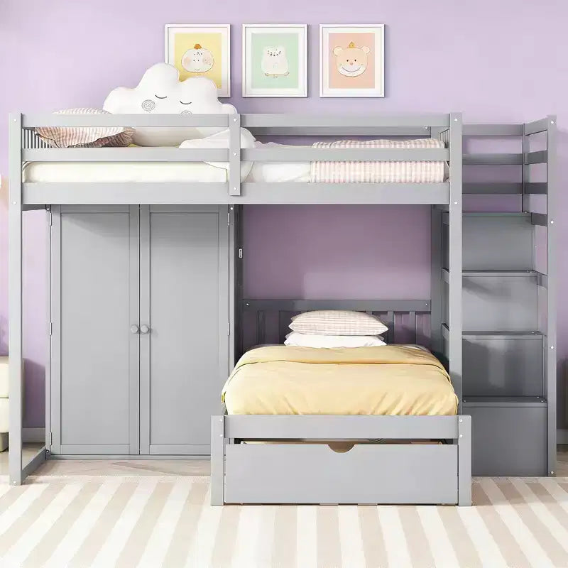 Lit superposé moderne double au-dessus de simple avec armoire et 5 tiroirs