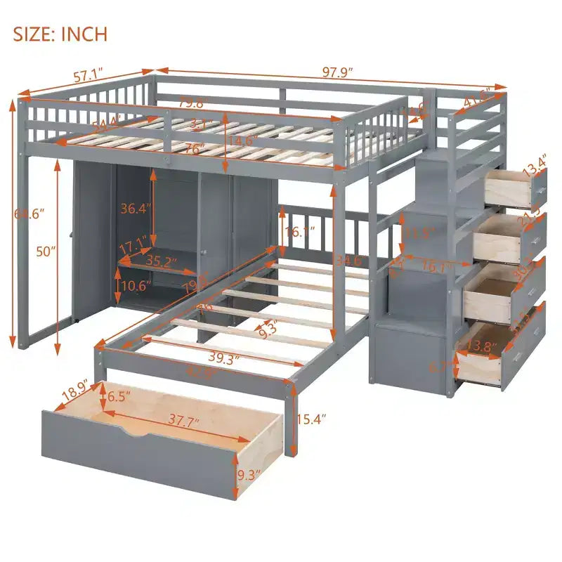 Lit superposé moderne double au-dessus de simple avec armoire et 5 tiroirs