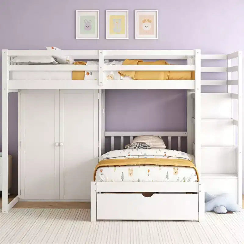 Lit superposé moderne double au-dessus de simple avec armoire et 5 tiroirs