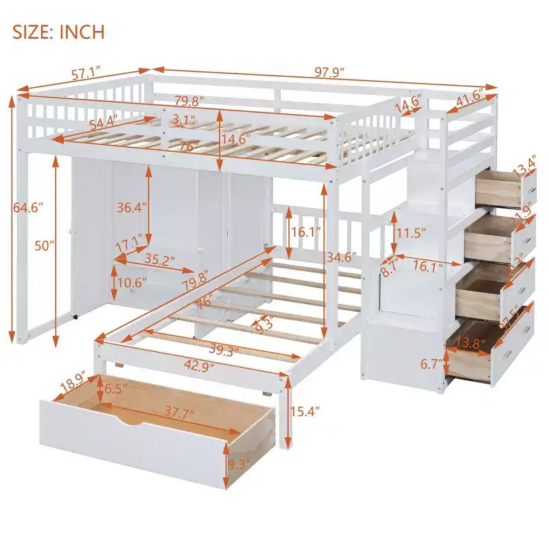 Lit superposé moderne double au-dessus de simple avec armoire et 5 tiroirs