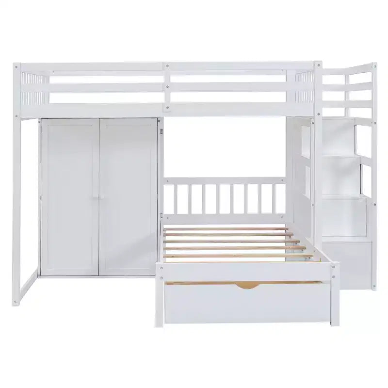 Lit superposé moderne double au-dessus de simple avec armoire et 5 tiroirs
