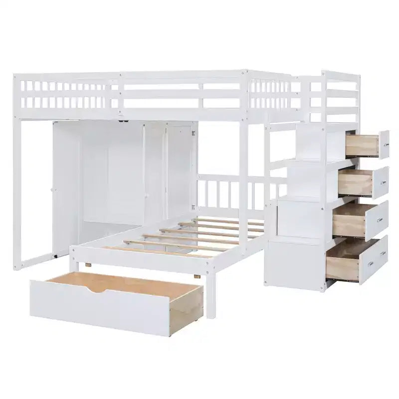 Lit superposé moderne double au-dessus de simple avec armoire et 5 tiroirs