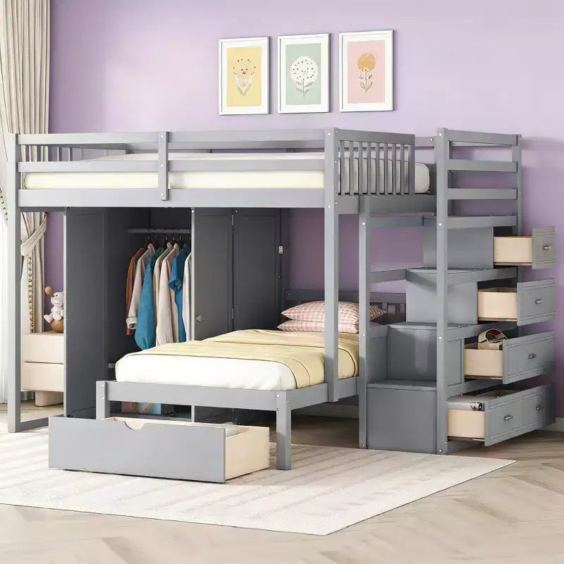 Luxystar Modern Full Over Twin Bunk Bed with Wardrobe and 5 Drawers