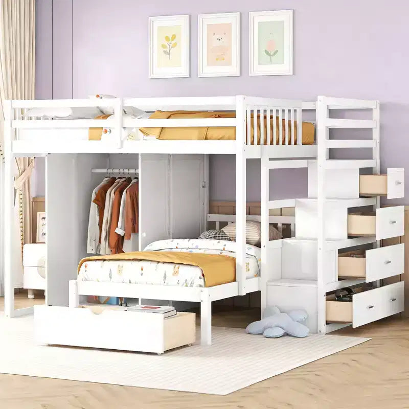 Lit superposé moderne double au-dessus de simple avec armoire et 5 tiroirs