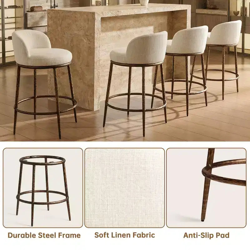 Lot de 2 tabourets de bar hauteur comptoir, tabourets de comptoir modernes rembourrés avec pieds en fer bronze martelé, chaises d'îlot en tissu bouclé pour salle à manger et bar
