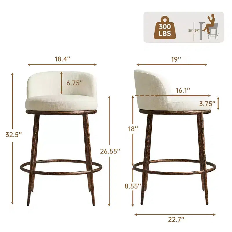 Lot de 2 tabourets de bar hauteur comptoir, tabourets de comptoir modernes rembourrés avec pieds en fer bronze martelé, chaises d'îlot en tissu bouclé pour salle à manger et bar