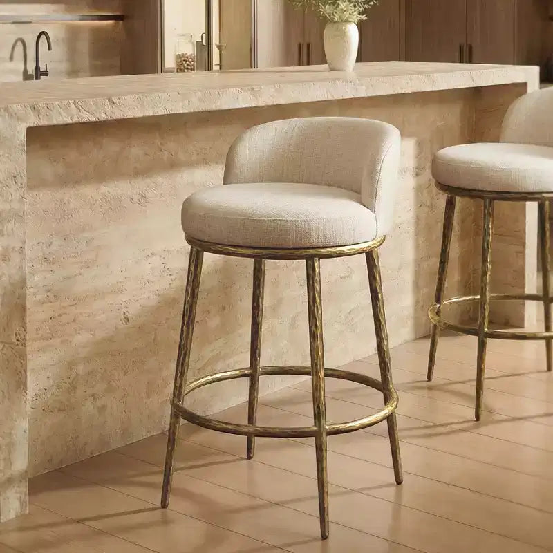 Lot de 2 tabourets de bar hauteur comptoir, tabourets de comptoir modernes rembourrés avec pieds en fer bronze martelé, chaises d'îlot en tissu bouclé pour salle à manger et bar