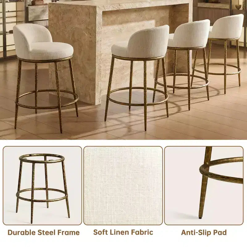 Lot de 2 tabourets de bar hauteur comptoir, tabourets de comptoir modernes rembourrés avec pieds en fer bronze martelé, chaises d'îlot en tissu bouclé pour salle à manger et bar