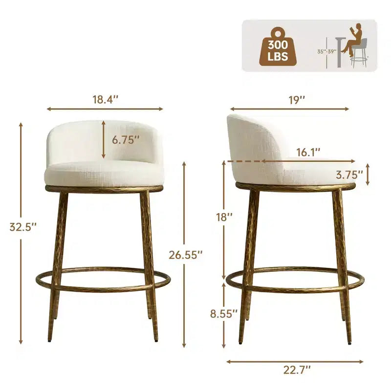 Lot de 2 tabourets de bar hauteur comptoir, tabourets de comptoir modernes rembourrés avec pieds en fer bronze martelé, chaises d'îlot en tissu bouclé pour salle à manger et bar