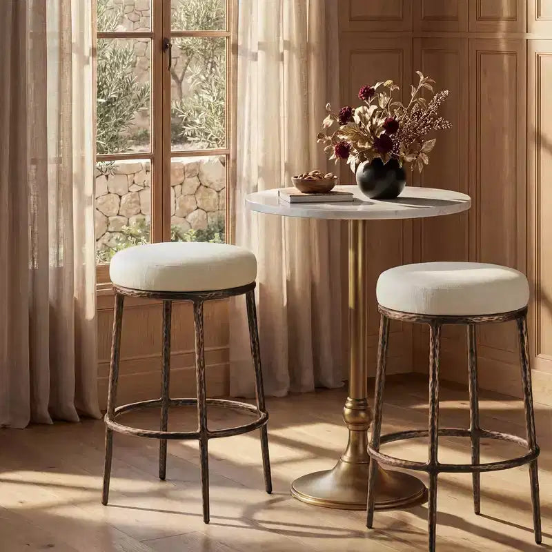 Counter Height Bar Stools Set of 2, Modern Upholstered Counter Stools with Hammered Bronze Iron Legs, Boucle Island Chairs for Dining Room and Bar