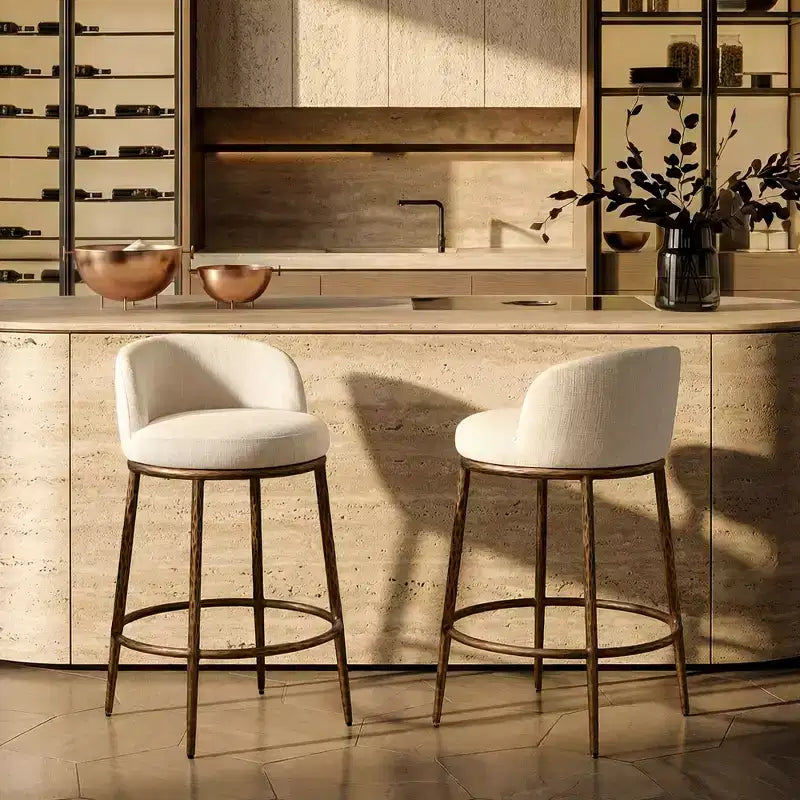 Lot de 2 tabourets de bar hauteur comptoir, tabourets de comptoir modernes rembourrés avec pieds en fer bronze martelé, chaises d'îlot en tissu bouclé pour salle à manger et bar
