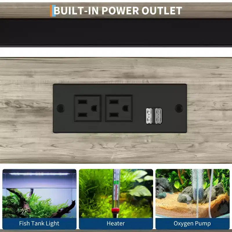 Meuble de support pour aquarium avec placard - Support d'aquarium de 150-190 litres avec prises de courant, construction robuste en métal et bois, étagères de rangement ouvertes