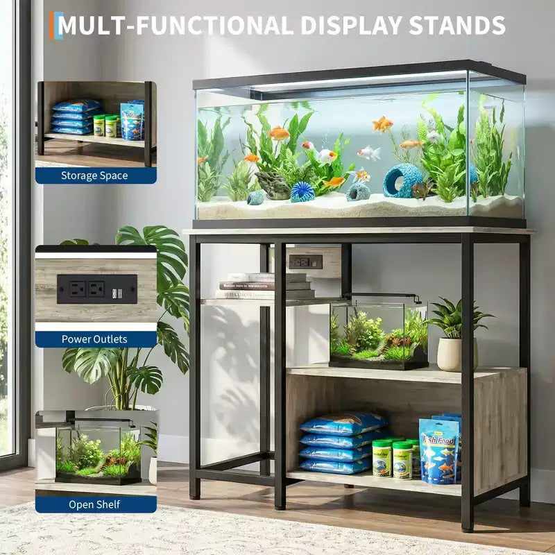 Meuble de support pour aquarium avec placard - Support d'aquarium de 150-190 litres avec prises de courant, construction robuste en métal et bois, étagères de rangement ouvertes