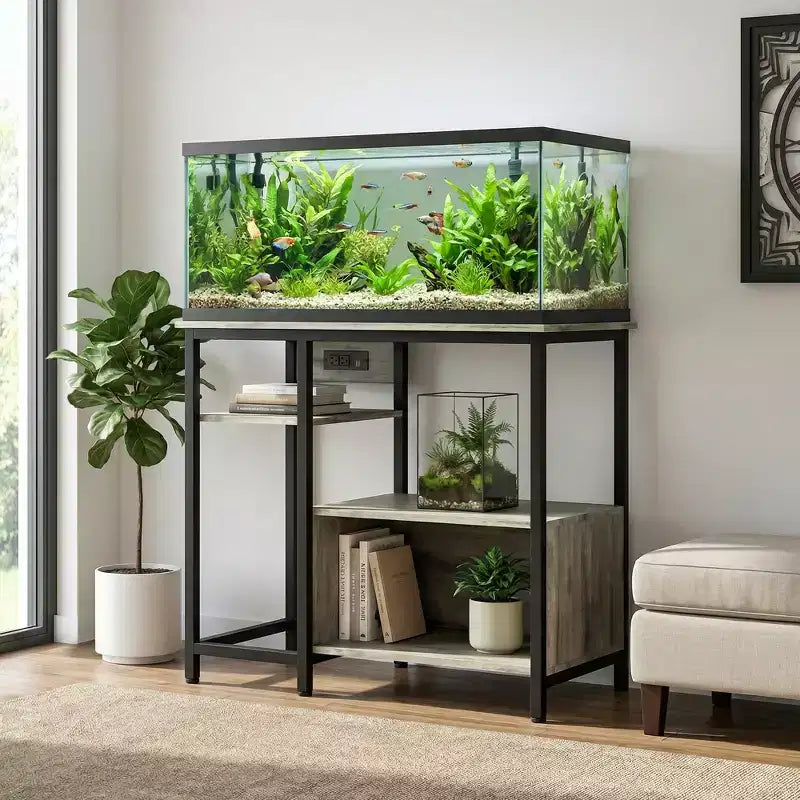 Meuble de support pour aquarium avec placard - Support d'aquarium de 150-190 litres avec prises de courant, construction robuste en métal et bois, étagères de rangement ouvertes