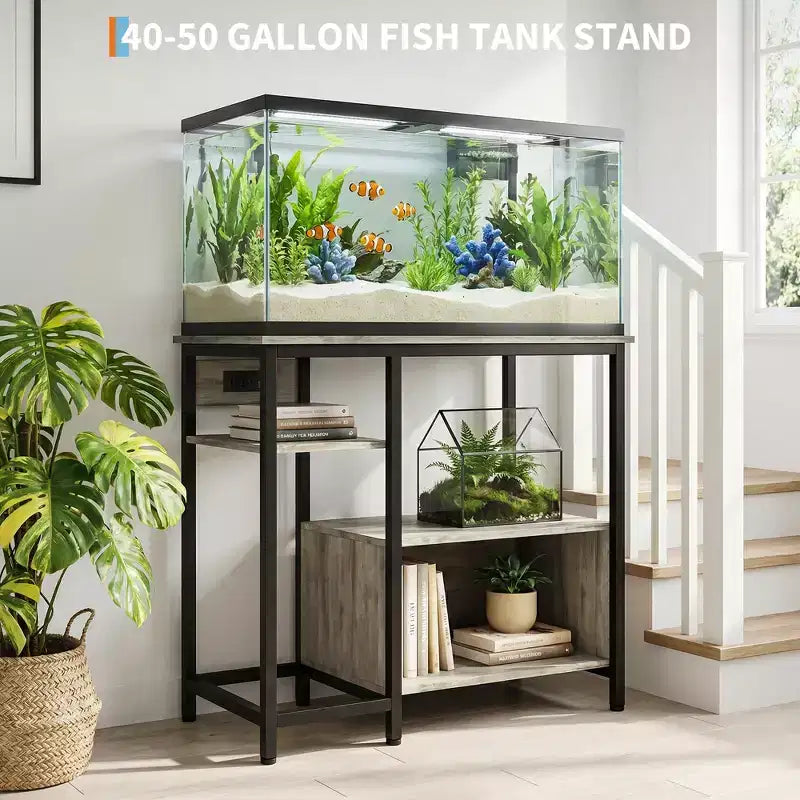 Meuble de support pour aquarium avec placard - Support d'aquarium de 150-190 litres avec prises de courant, construction robuste en métal et bois, étagères de rangement ouvertes
