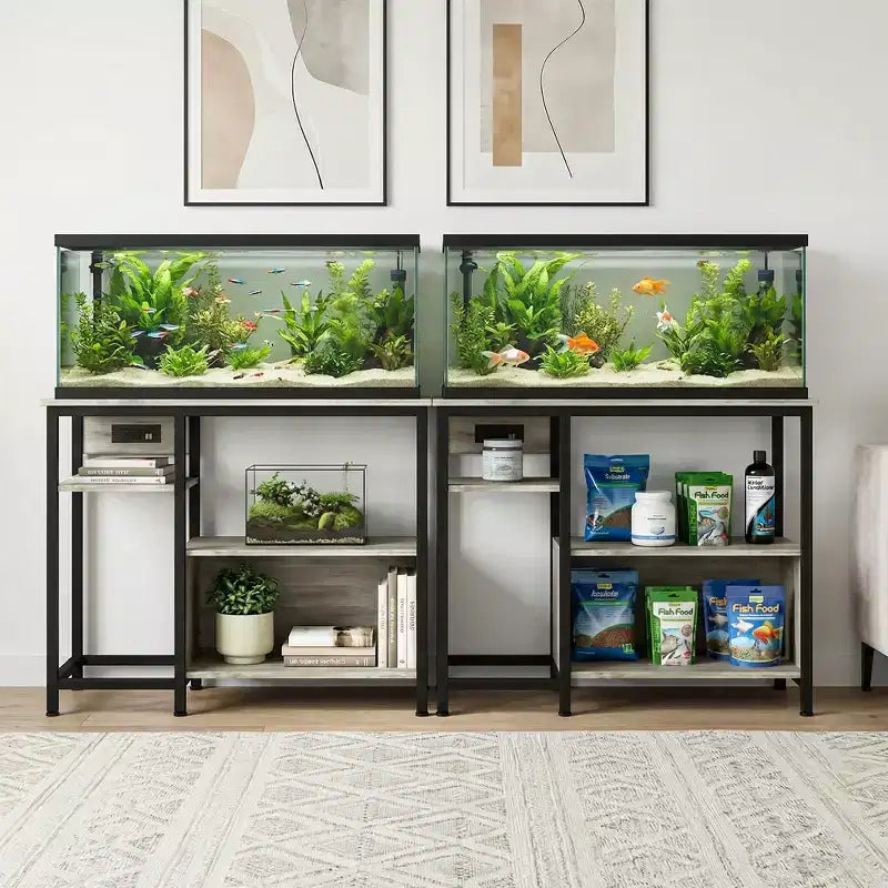 Meuble de support pour aquarium avec placard - Support d'aquarium de 150-190 litres avec prises de courant, construction robuste en métal et bois, étagères de rangement ouvertes