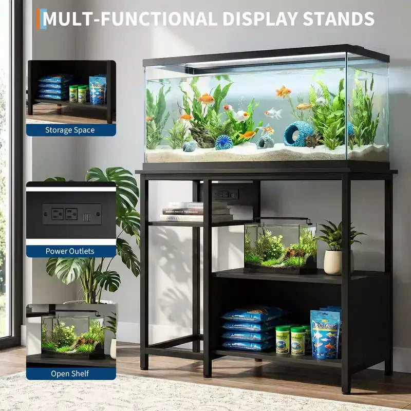Meuble de support pour aquarium avec placard - Support d'aquarium de 150-190 litres avec prises de courant, construction robuste en métal et bois, étagères de rangement ouvertes