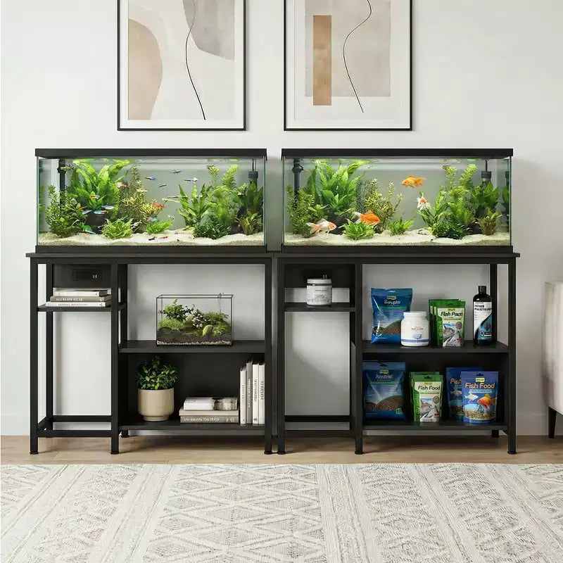 Meuble de support pour aquarium avec placard - Support d'aquarium de 150-190 litres avec prises de courant, construction robuste en métal et bois, étagères de rangement ouvertes