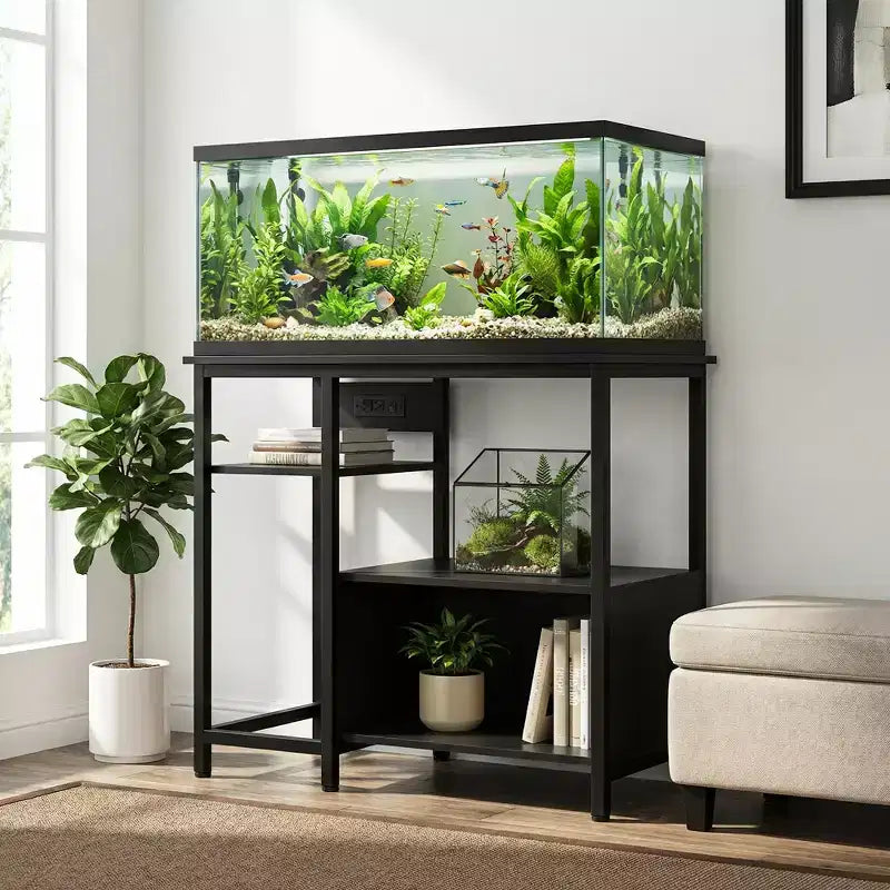 Meuble de support pour aquarium avec placard - Support d'aquarium de 150-190 litres avec prises de courant, construction robuste en métal et bois, étagères de rangement ouvertes