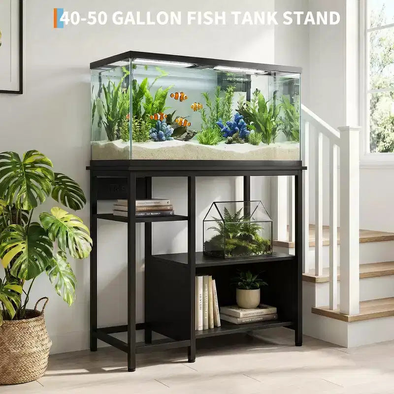 Meuble de support pour aquarium avec placard - Support d'aquarium de 150-190 litres avec prises de courant, construction robuste en métal et bois, étagères de rangement ouvertes