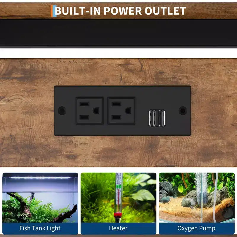 Meuble de support pour aquarium avec placard - Support d'aquarium de 150-190 litres avec prises de courant, construction robuste en métal et bois, étagères de rangement ouvertes