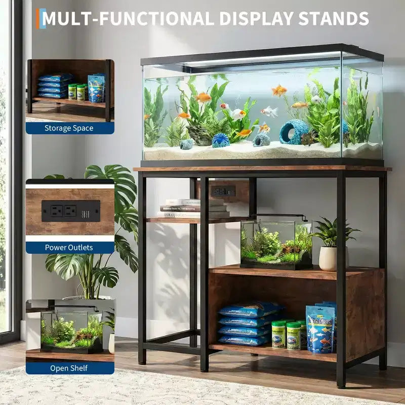 Meuble de support pour aquarium avec placard - Support d'aquarium de 150-190 litres avec prises de courant, construction robuste en métal et bois, étagères de rangement ouvertes