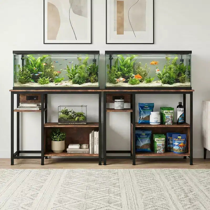 Meuble de support pour aquarium avec placard - Support d'aquarium de 150-190 litres avec prises de courant, construction robuste en métal et bois, étagères de rangement ouvertes