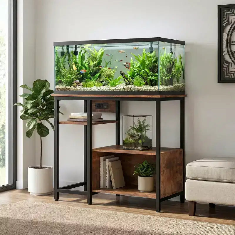 Meuble de support pour aquarium avec placard - Support d'aquarium de 150-190 litres avec prises de courant, construction robuste en métal et bois, étagères de rangement ouvertes