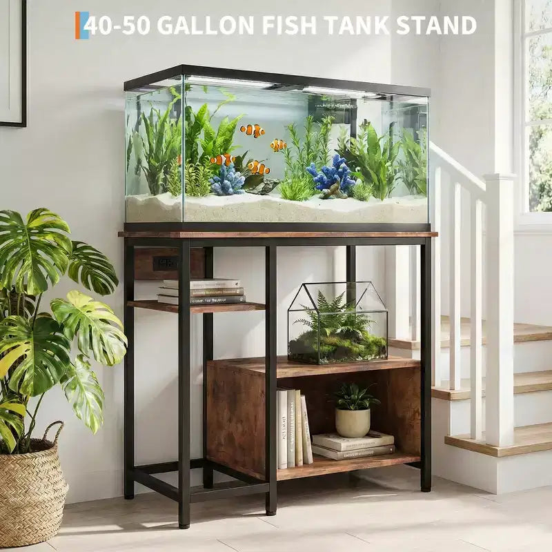 Meuble de support pour aquarium avec placard - Support d'aquarium de 150-190 litres avec prises de courant, construction robuste en métal et bois, étagères de rangement ouvertes