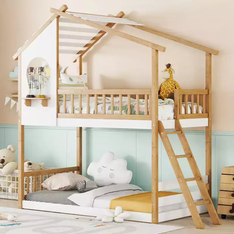 Bellemave Twin Over Twin House Bunk Bed with Roof & Window, Kids Wood Bunk Bed with Ladder & Guardrails, Solid Pine Frame, Natural