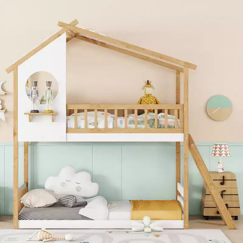 Lit superposé maison jumeaux sur jumeaux avec toit et fenêtre, lit superposé en bois pour enfants avec échelle et garde-corps, cadre en pin massif, naturel