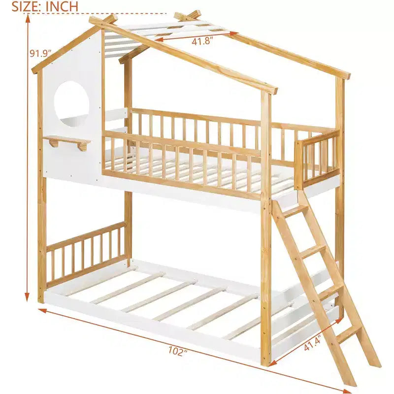 Lit superposé maison jumeaux sur jumeaux avec toit et fenêtre, lit superposé en bois pour enfants avec échelle et garde-corps, cadre en pin massif, naturel