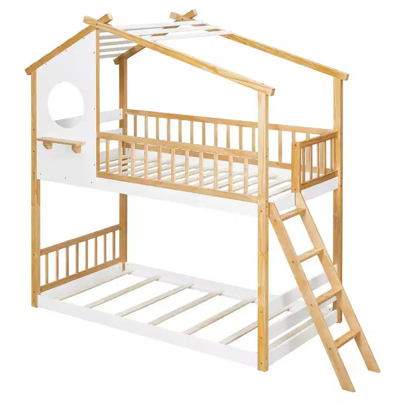 Lit superposé maison jumeaux sur jumeaux avec toit et fenêtre, lit superposé en bois pour enfants avec échelle et garde-corps, cadre en pin massif, naturel