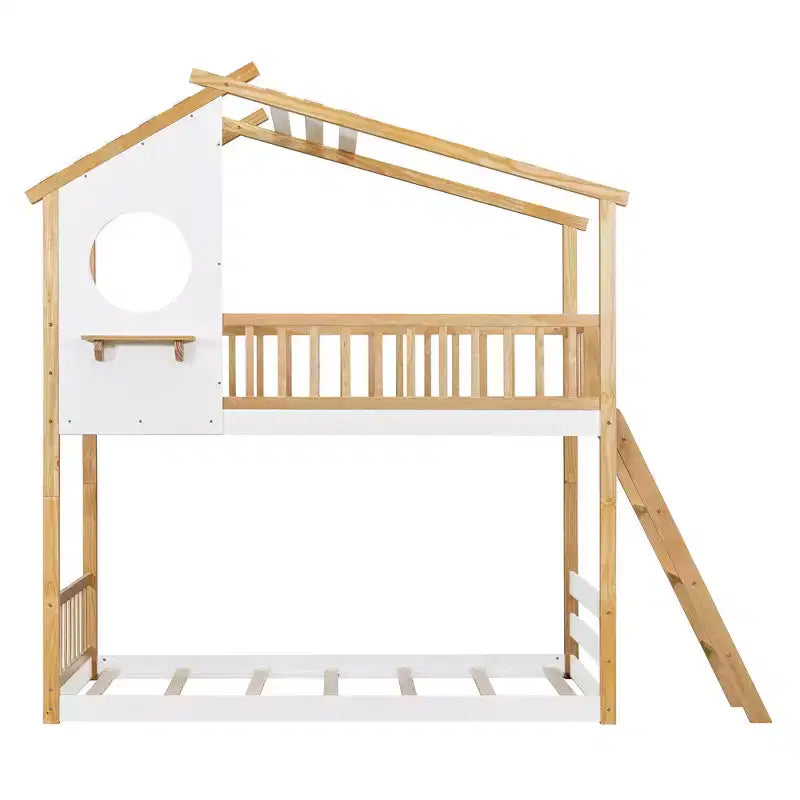 Lit superposé maison jumeaux sur jumeaux avec toit et fenêtre, lit superposé en bois pour enfants avec échelle et garde-corps, cadre en pin massif, naturel