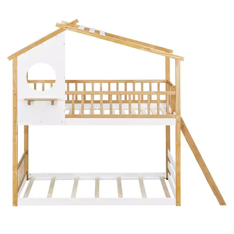 Lit superposé maison jumeaux sur jumeaux avec toit et fenêtre, lit superposé en bois pour enfants avec échelle et garde-corps, cadre en pin massif, naturel