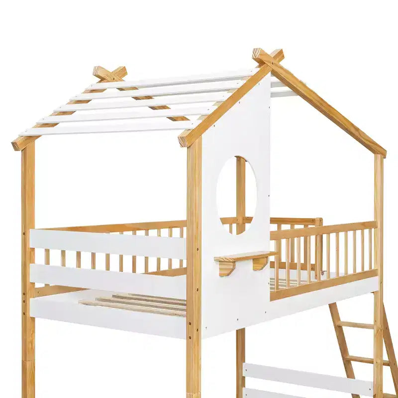 Lit superposé maison jumeaux sur jumeaux avec toit et fenêtre, lit superposé en bois pour enfants avec échelle et garde-corps, cadre en pin massif, naturel