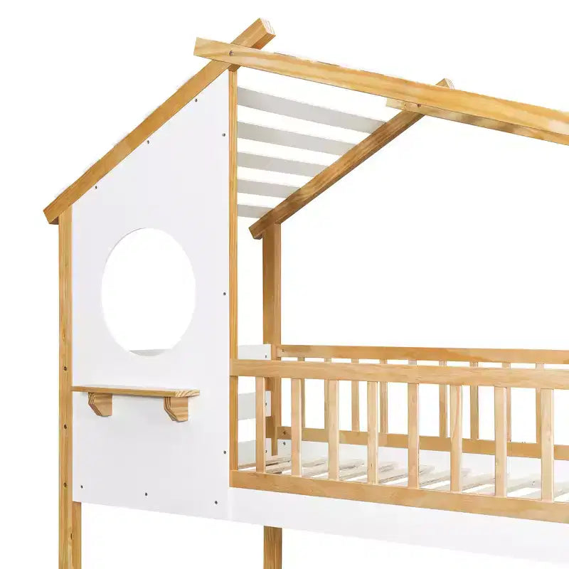 Lit superposé maison jumeaux sur jumeaux avec toit et fenêtre, lit superposé en bois pour enfants avec échelle et garde-corps, cadre en pin massif, naturel