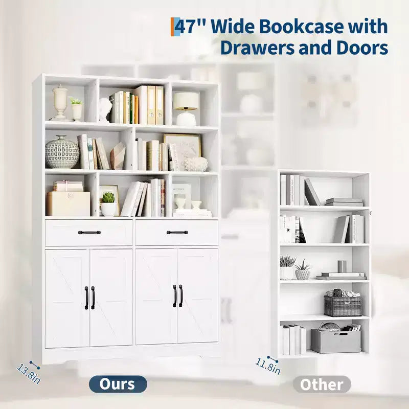 Grande bibliothèque en bois pour enfants, 2 tiroirs, 4 portes, meuble de rangement à 6 niveaux, étagère de rangement spacieuse, pour salon, bureau