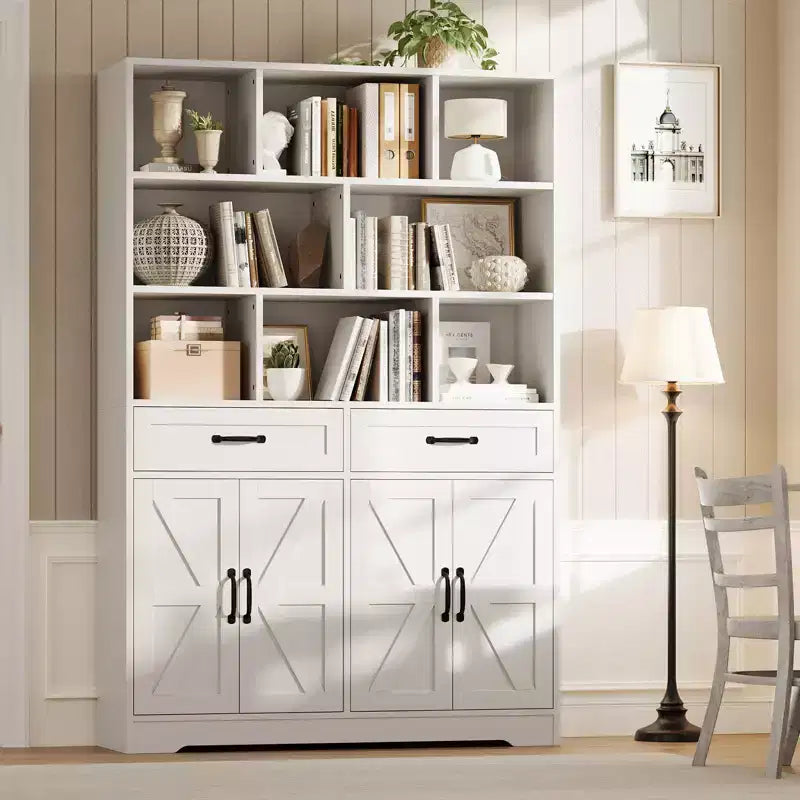 Grande bibliothèque en bois pour enfants, 2 tiroirs, 4 portes, meuble de rangement à 6 niveaux, étagère de rangement spacieuse, pour salon, bureau