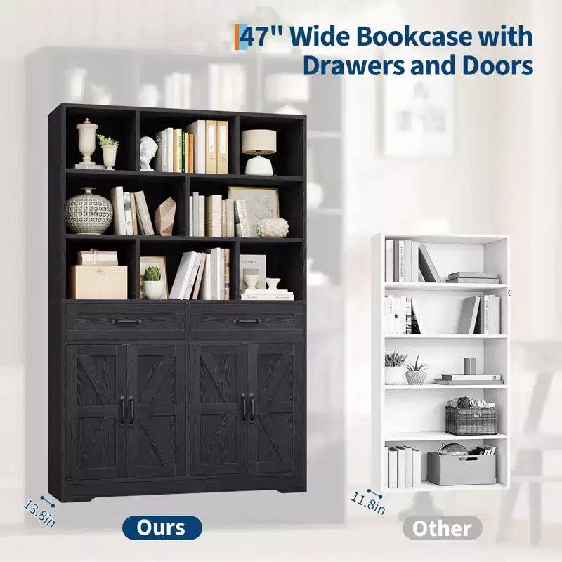 Grande bibliothèque en bois pour enfants, 2 tiroirs, 4 portes, meuble de rangement à 6 niveaux, étagère de rangement spacieuse, pour salon, bureau