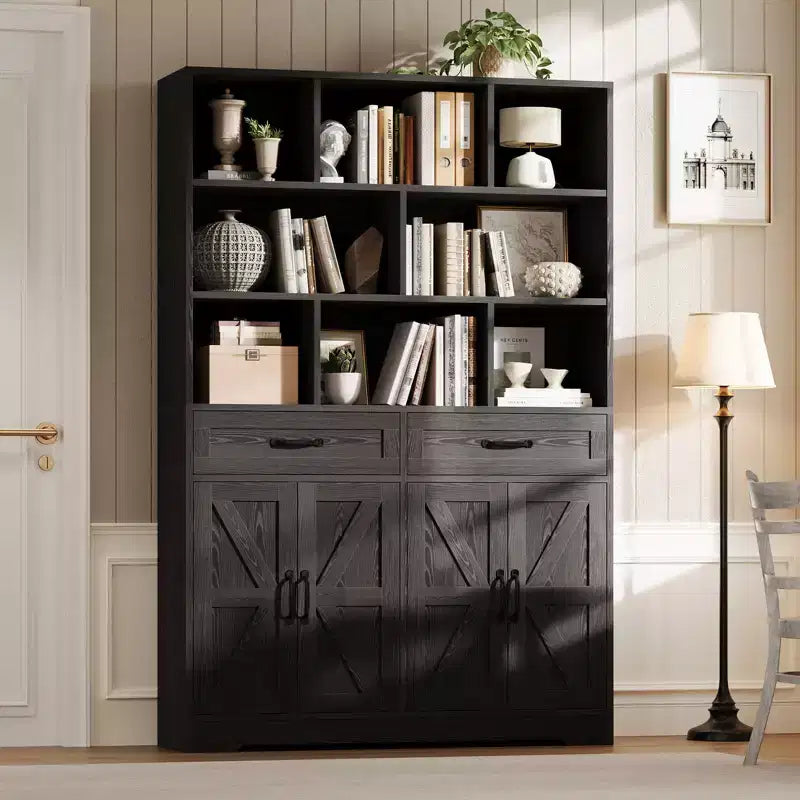 Grande bibliothèque en bois pour enfants, 2 tiroirs, 4 portes, meuble de rangement à 6 niveaux, étagère de rangement spacieuse, pour salon, bureau
